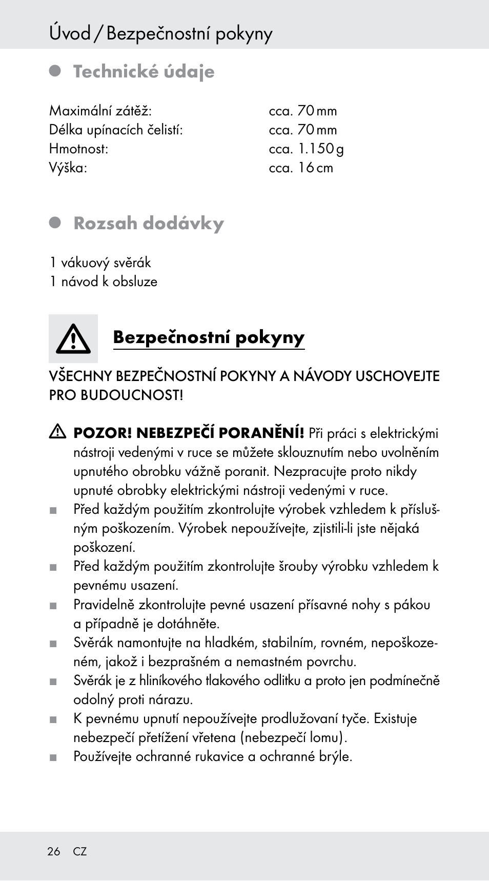 Úvod / bezpečnostní pokyny, Technické údaje, Rozsah dodávky | Bezpečnostní pokyny | Powerfix Z29760B User Manual | Page 26 / 39