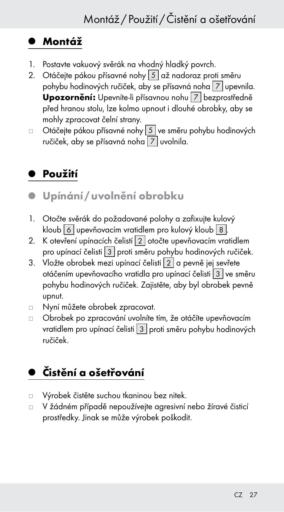 Montáž / použití / čistění a ošetřování, Montáž, Použití | Upínání / uvolnění obrobku, Čistění a ošetřování | Powerfix Z29760B User Manual | Page 27 / 39