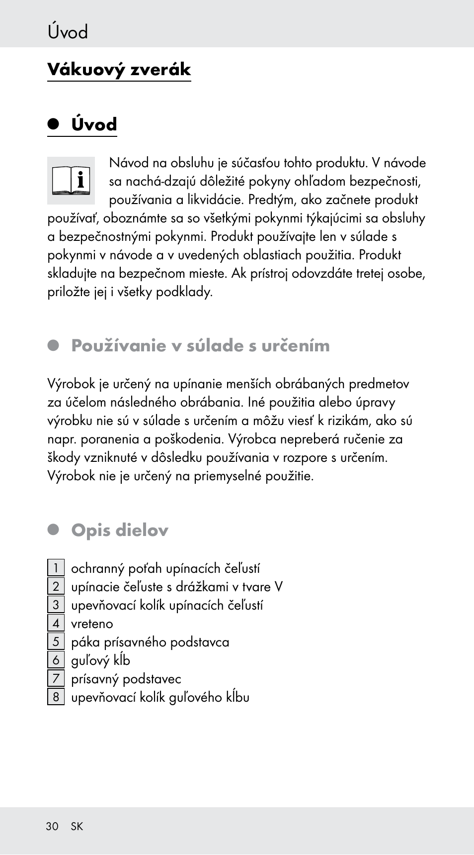 Úvod, Vákuový zverák, Používanie v súlade s určením | Opis dielov | Powerfix Z29760B User Manual | Page 30 / 39