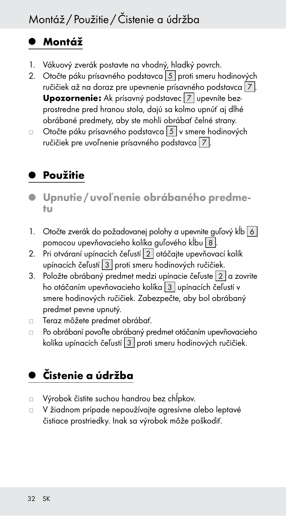 Montáž / použitie / čistenie a údržba, Montáž, Použitie | Upnutie / uvoľnenie obrábaného predme- tu, Čistenie a údržba | Powerfix Z29760B User Manual | Page 32 / 39