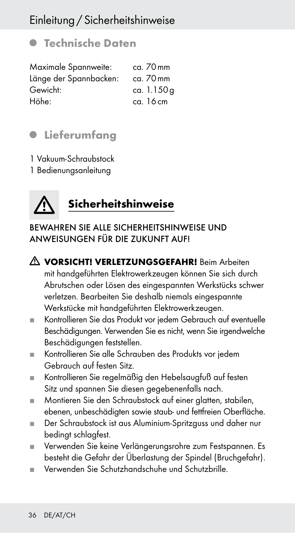 Einleitung / sicherheitshinweise, Technische daten, Lieferumfang | Sicherheitshinweise | Powerfix Z29760B User Manual | Page 36 / 39