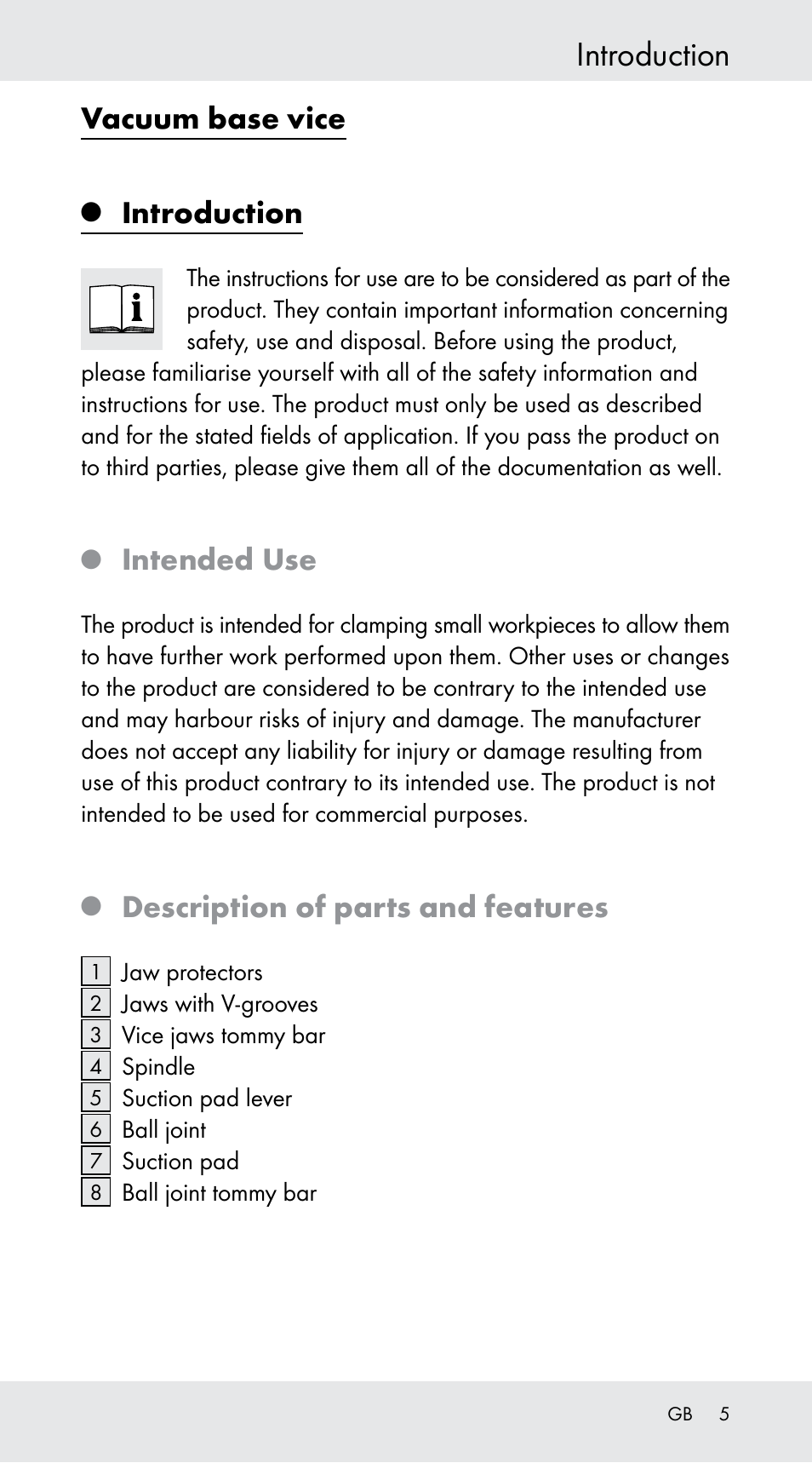 Introduction, Vacuum base vice, Intended use | Description of parts and features | Powerfix Z29760B User Manual | Page 5 / 39