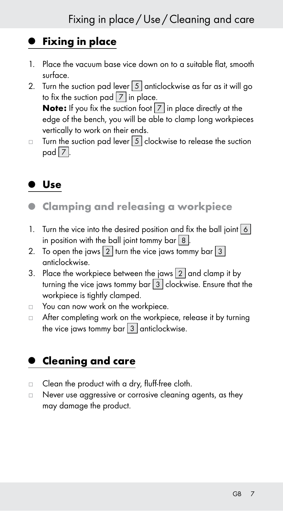 Fixing in place / use / cleaning and care, Fixing in place, Clamping and releasing a workpiece | Cleaning and care | Powerfix Z29760B User Manual | Page 7 / 39