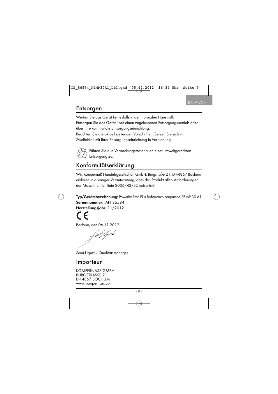 Entsorgen, Konformitätserklärung, Importeur | Powerfix PBMP 30 A1 User Manual | Page 12 / 44