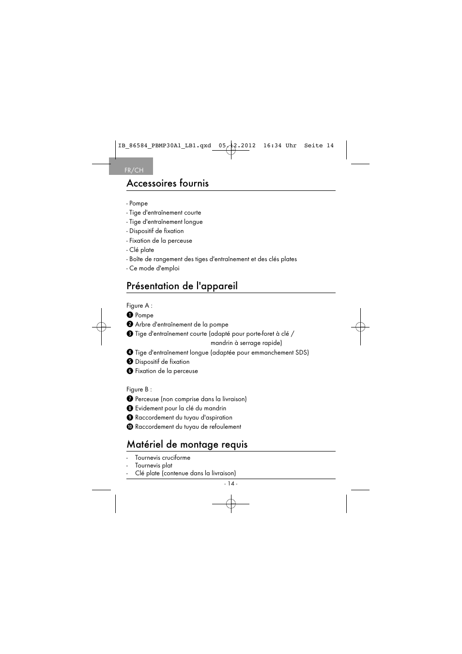 Accessoires fournis, Présentation de l'appareil, Matériel de montage requis | Powerfix PBMP 30 A1 User Manual | Page 17 / 44