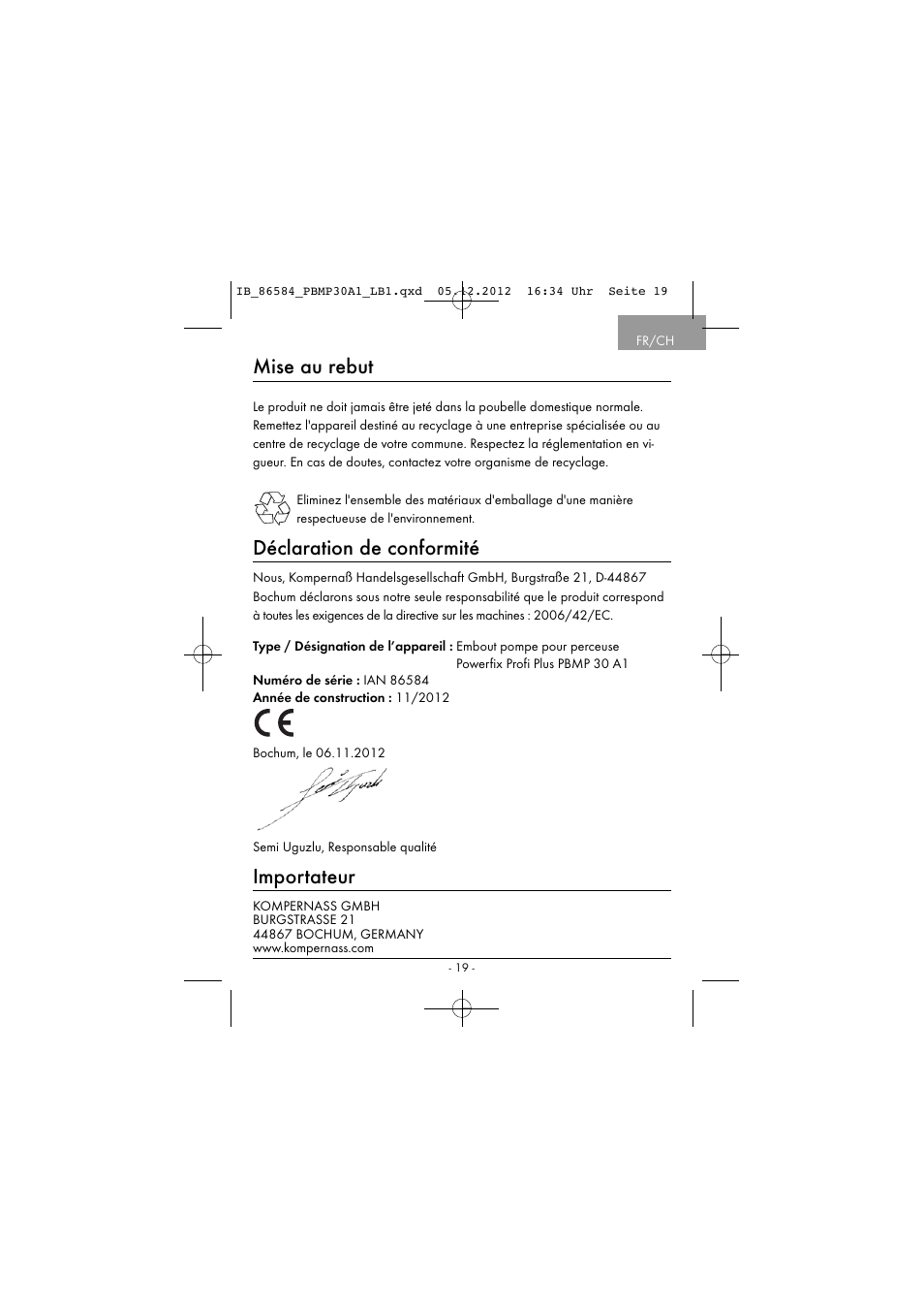 Mise au rebut, Déclaration de conformité, Importateur | Powerfix PBMP 30 A1 User Manual | Page 22 / 44