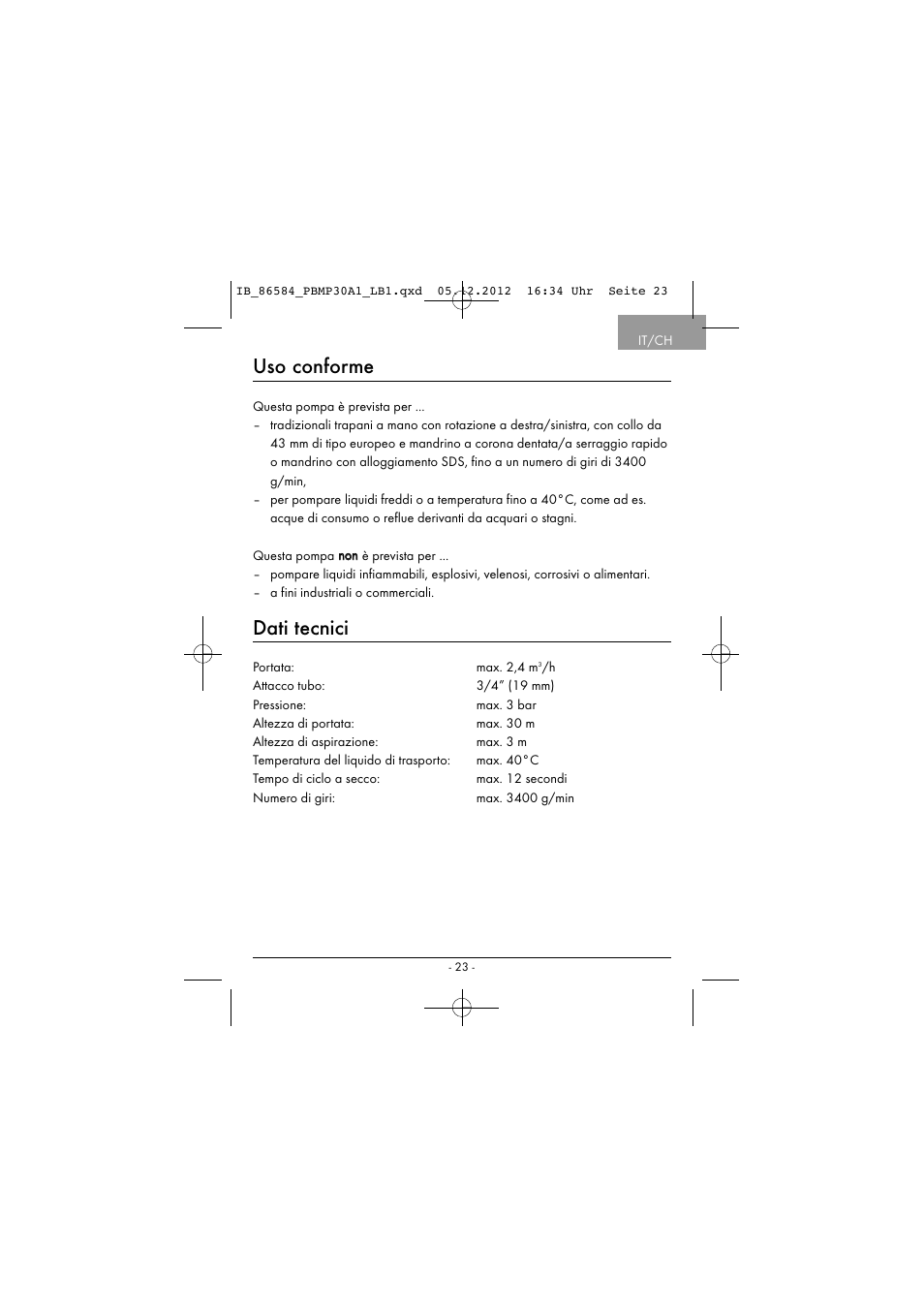 Uso conforme, Dati tecnici | Powerfix PBMP 30 A1 User Manual | Page 26 / 44