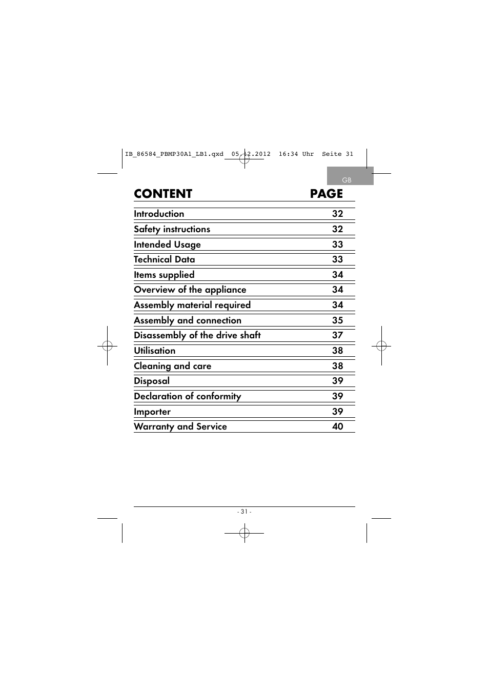 Content page | Powerfix PBMP 30 A1 User Manual | Page 34 / 44