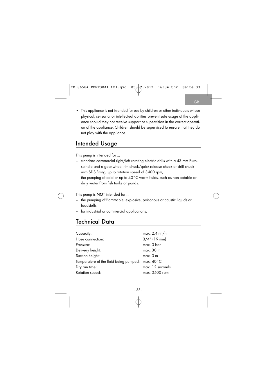 Intended usage, Technical data | Powerfix PBMP 30 A1 User Manual | Page 36 / 44