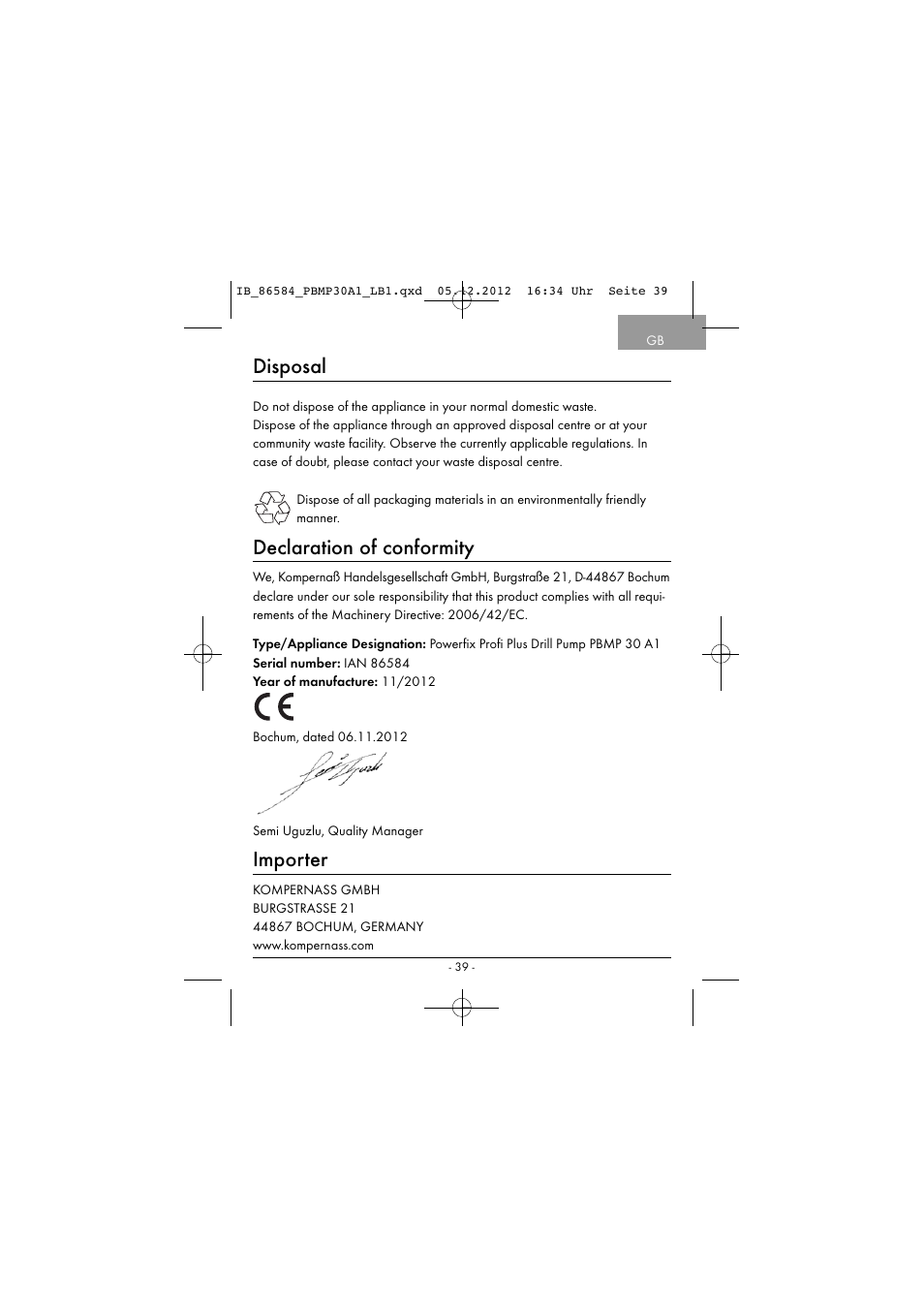 Disposal, Declaration of conformity, Importer | Powerfix PBMP 30 A1 User Manual | Page 42 / 44