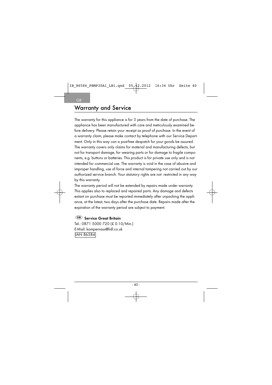 Warranty and service | Powerfix PBMP 30 A1 User Manual | Page 43 / 44