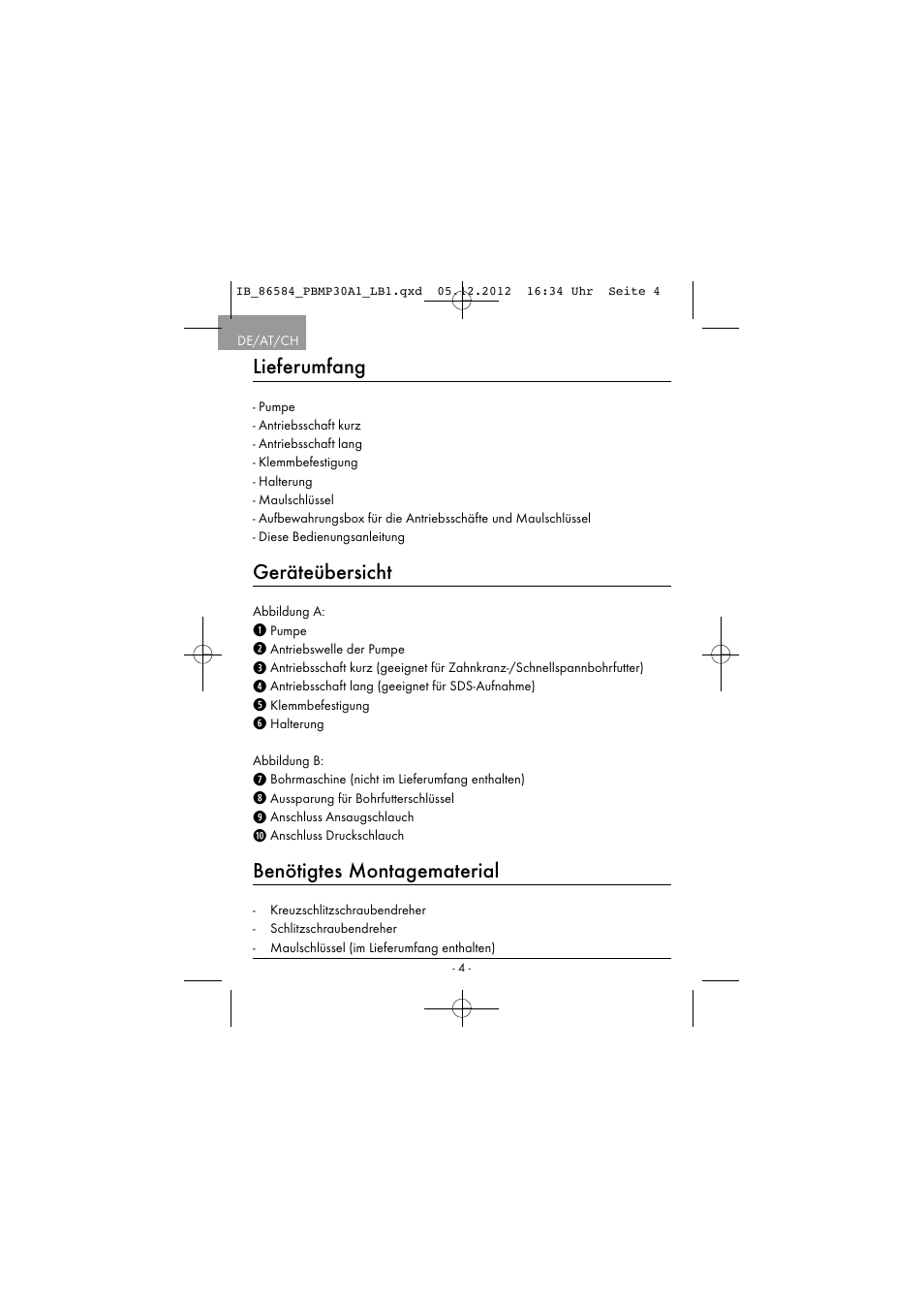 Lieferumfang, Geräteübersicht, Benötigtes montagematerial | Powerfix PBMP 30 A1 User Manual | Page 7 / 44