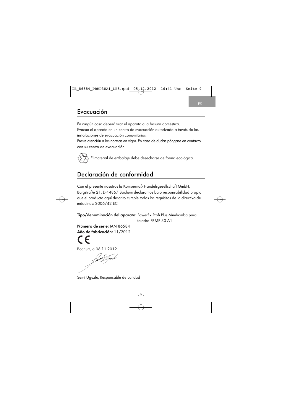 Evacuación, Declaración de conformidad | Powerfix PBMP 30 A1 User Manual | Page 12 / 44