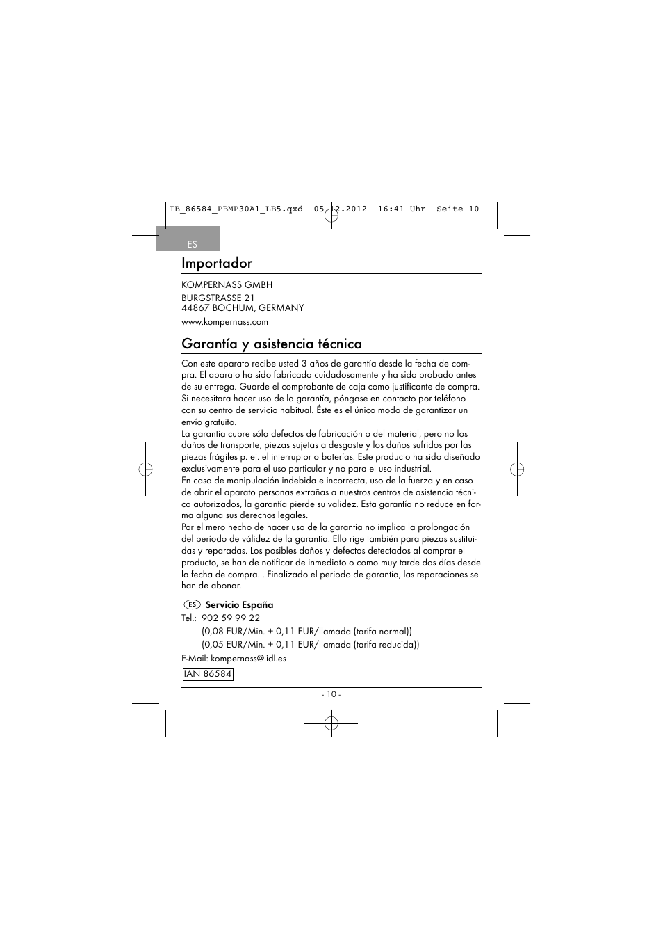 Importador, Garantía y asistencia técnica | Powerfix PBMP 30 A1 User Manual | Page 13 / 44