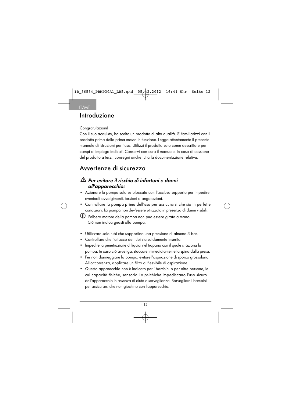 Introduzione, Avvertenze di sicurezza | Powerfix PBMP 30 A1 User Manual | Page 15 / 44