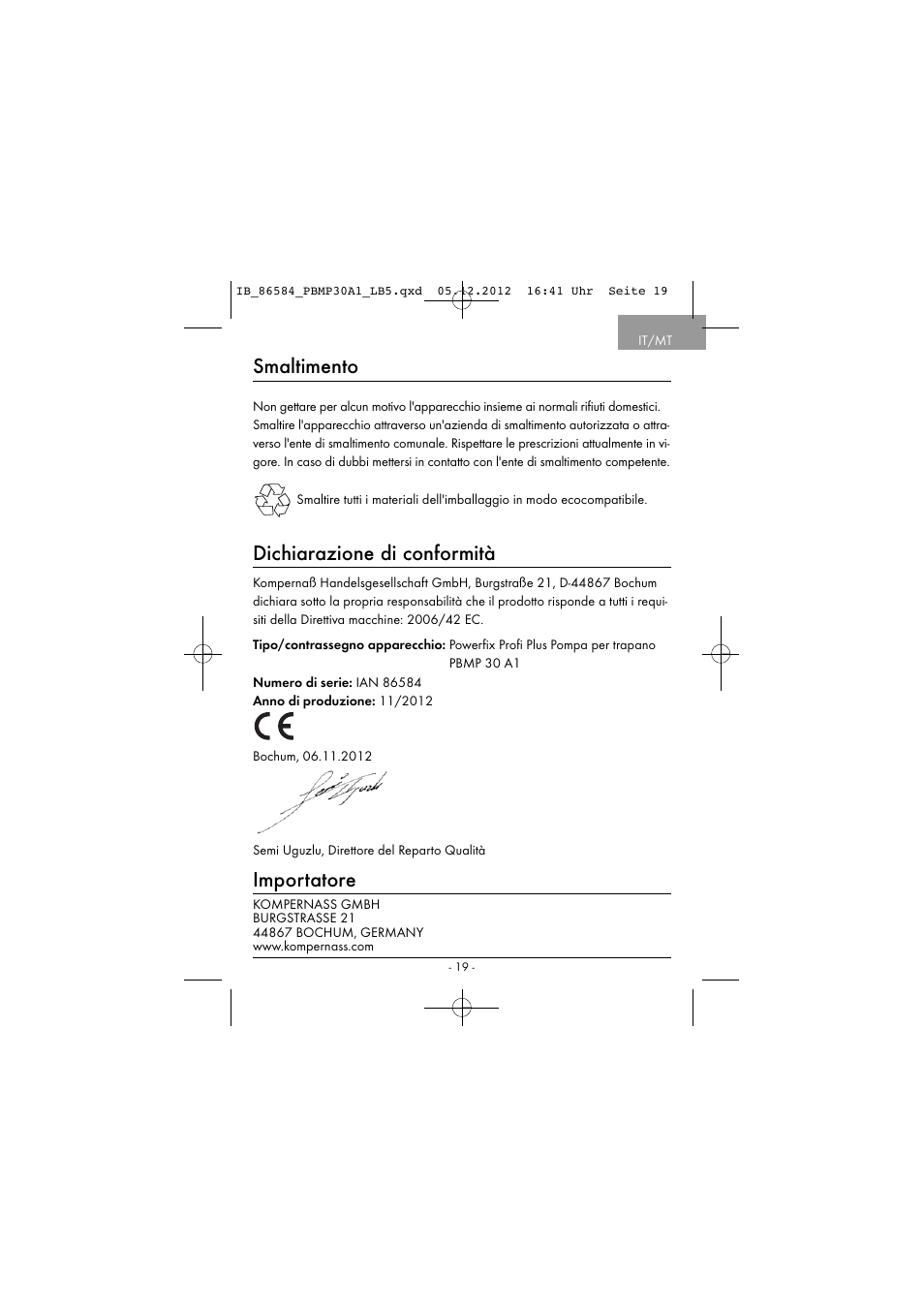 Smaltimento, Dichiarazione di conformità, Importatore | Powerfix PBMP 30 A1 User Manual | Page 22 / 44