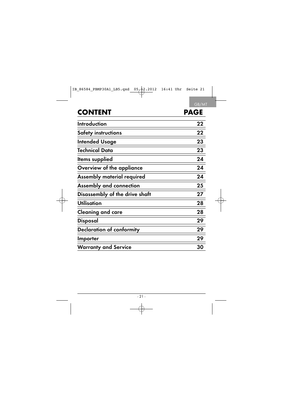 Content page | Powerfix PBMP 30 A1 User Manual | Page 24 / 44