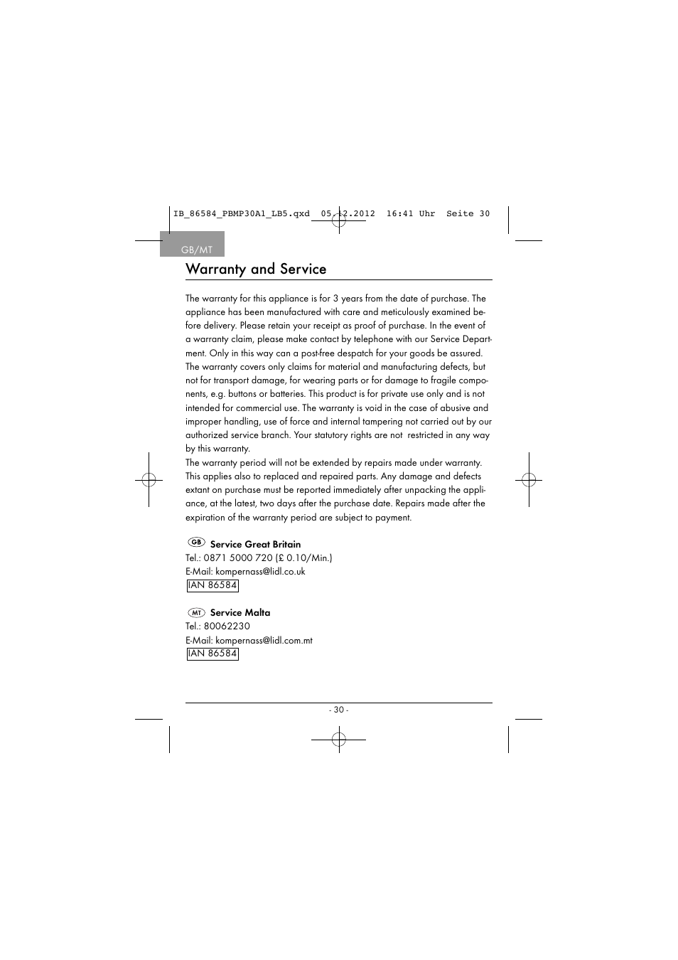 Warranty and service | Powerfix PBMP 30 A1 User Manual | Page 33 / 44