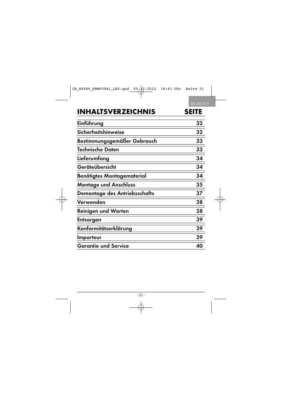 Inhaltsverzeichnis seite | Powerfix PBMP 30 A1 User Manual | Page 34 / 44