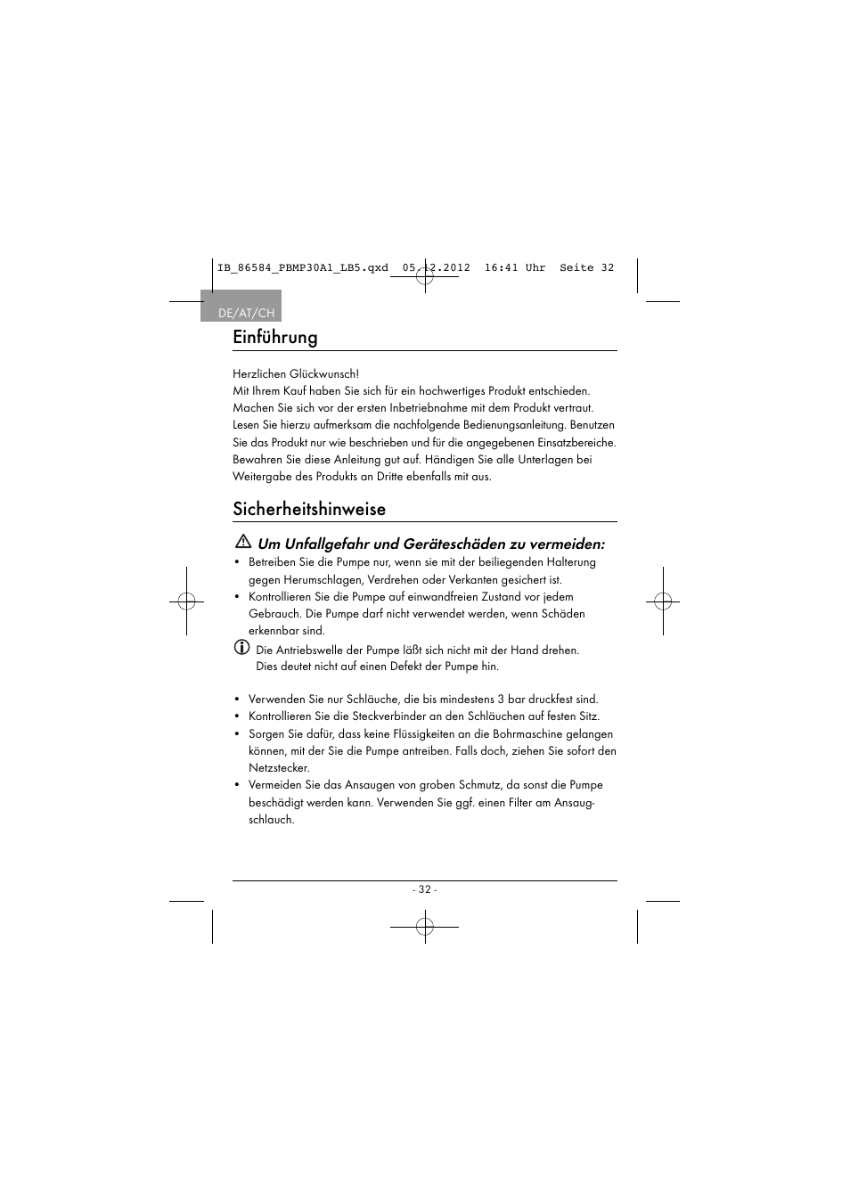 Einführung, Sicherheitshinweise, Um unfallgefahr und geräteschäden zu vermeiden | Powerfix PBMP 30 A1 User Manual | Page 35 / 44