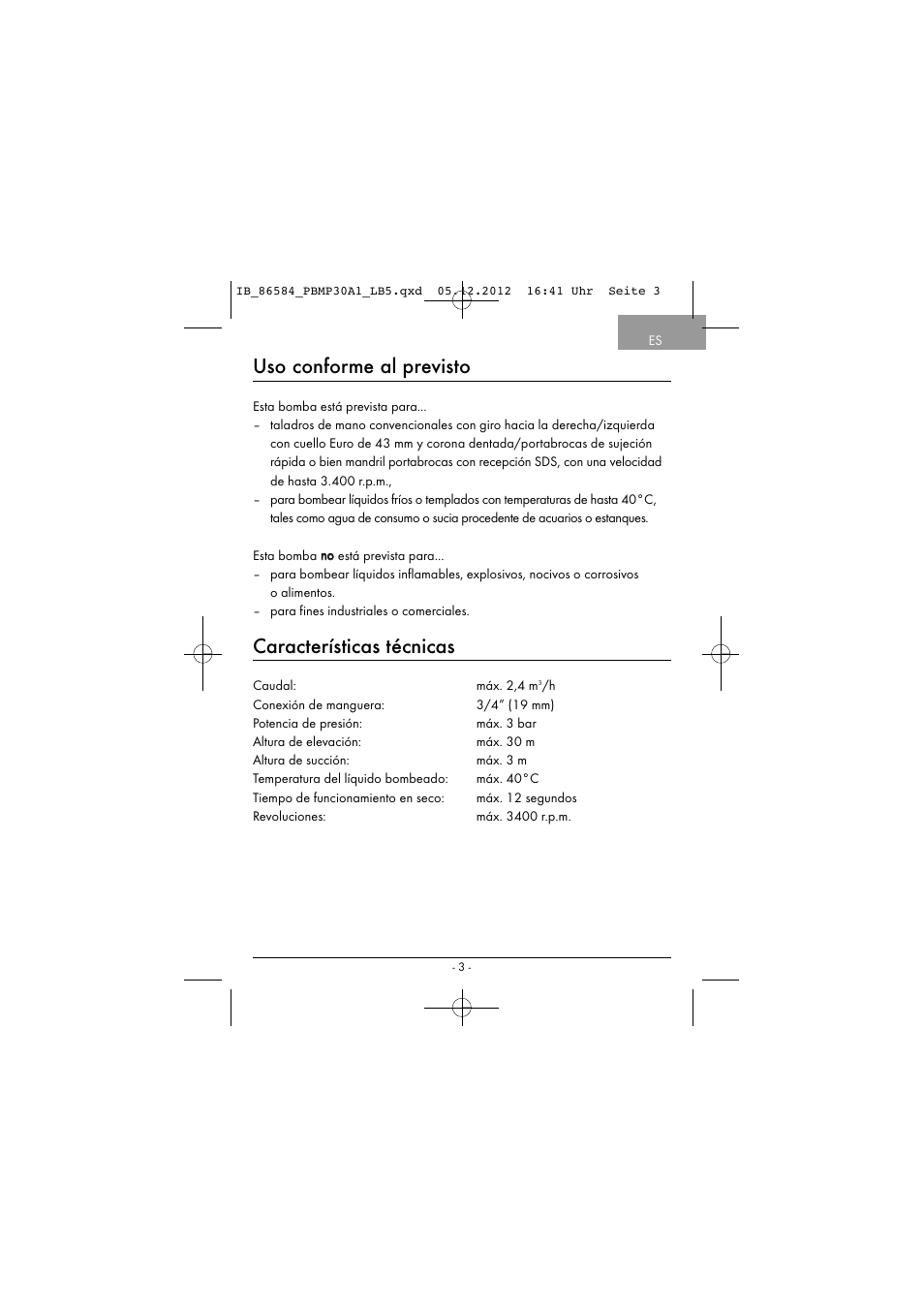 Uso conforme al previsto, Características técnicas | Powerfix PBMP 30 A1 User Manual | Page 6 / 44