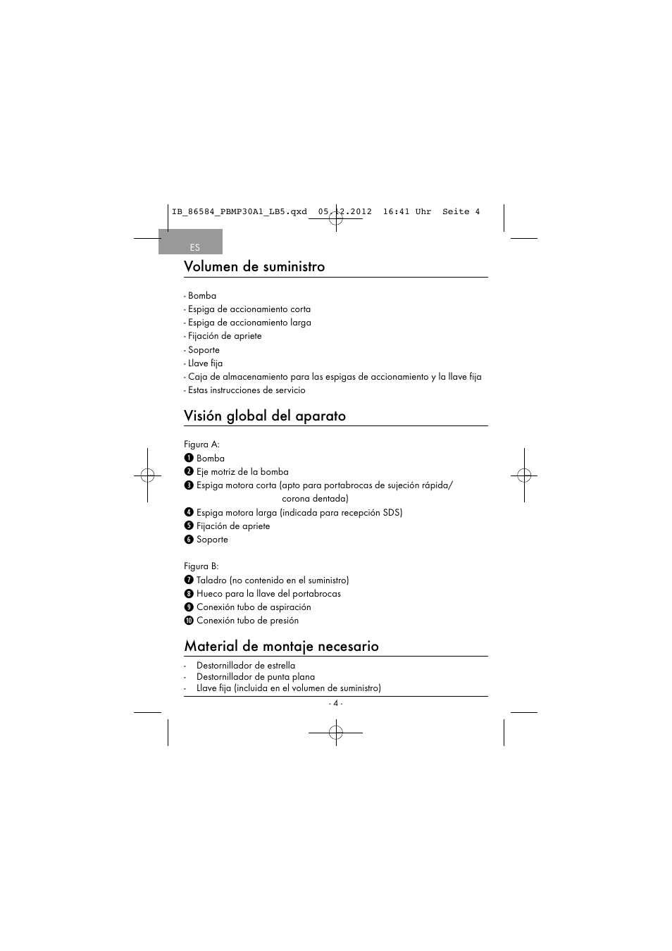 Volumen de suministro, Visión global del aparato, Material de montaje necesario | Powerfix PBMP 30 A1 User Manual | Page 7 / 44