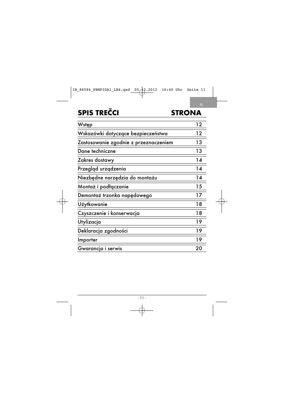 Spis trečci strona | Powerfix PBMP 30 A1 User Manual | Page 14 / 74