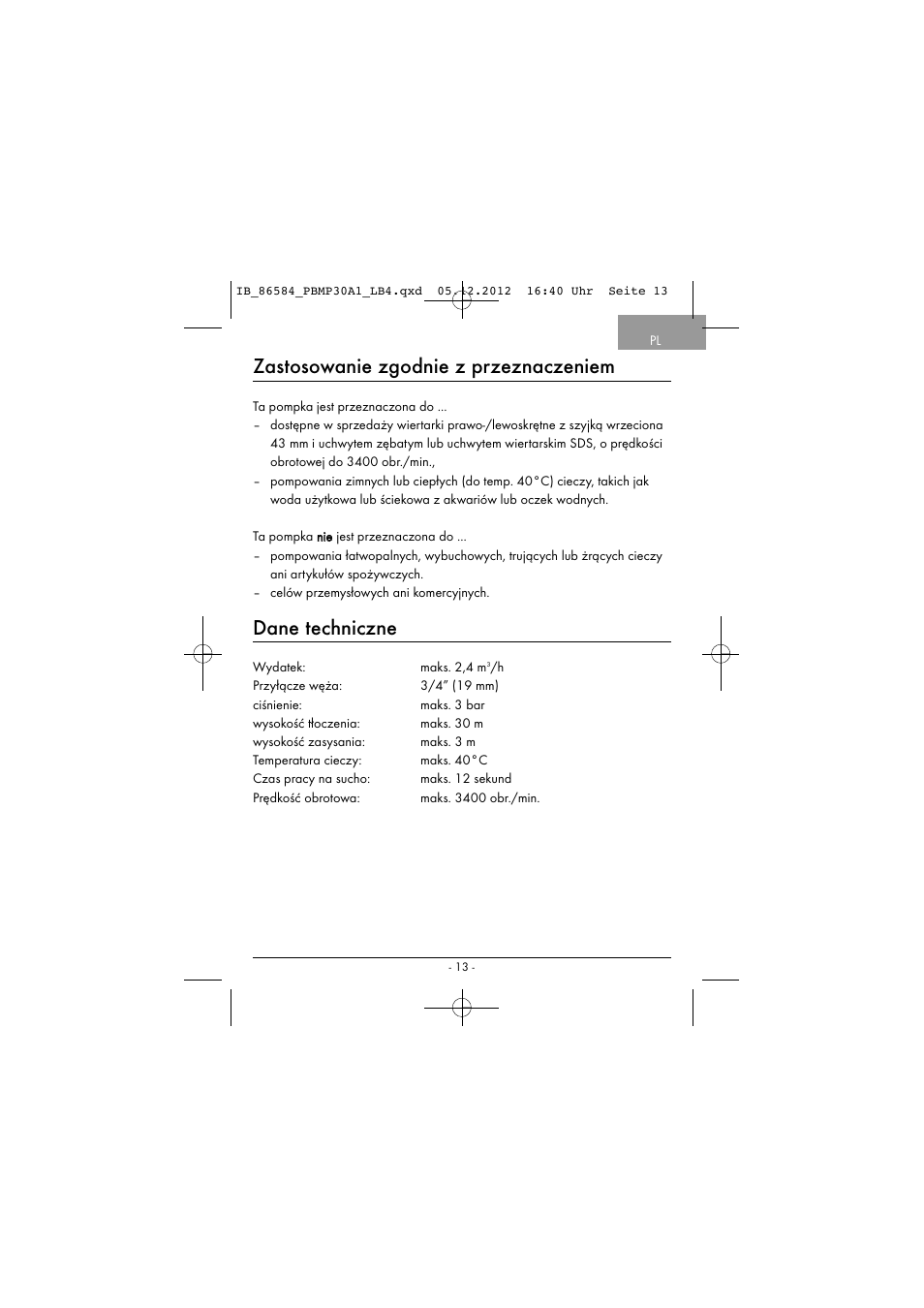 Zastosowanie zgodnie z przeznaczeniem, Dane techniczne | Powerfix PBMP 30 A1 User Manual | Page 16 / 74