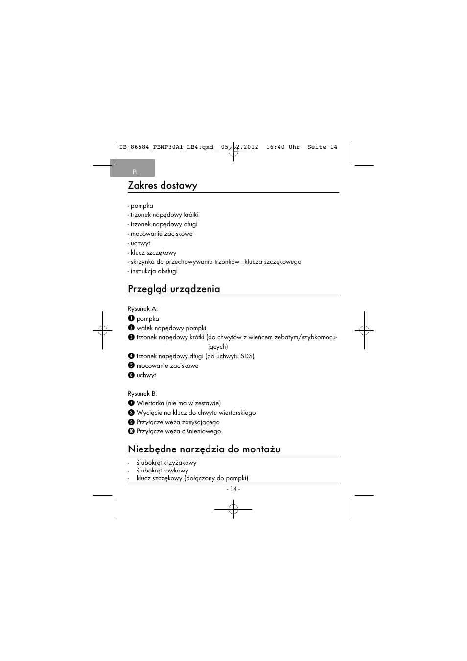 Zakres dostawy, Przegląd urządzenia, Niezbędne narzędzia do montażu | Powerfix PBMP 30 A1 User Manual | Page 17 / 74