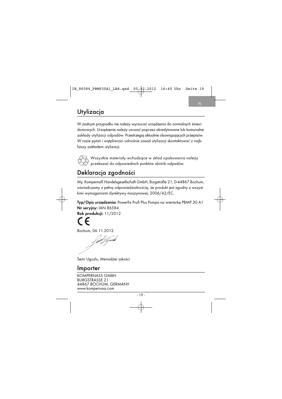 Utylizacja, Deklaracja zgodności, Importer | Powerfix PBMP 30 A1 User Manual | Page 22 / 74