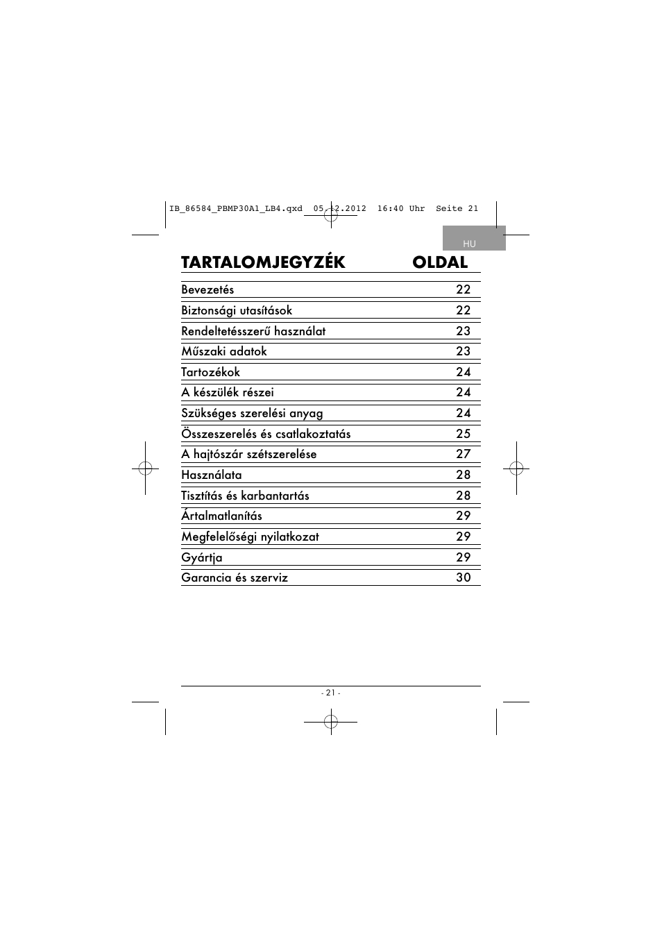 Tartalomjegyzék oldal | Powerfix PBMP 30 A1 User Manual | Page 24 / 74