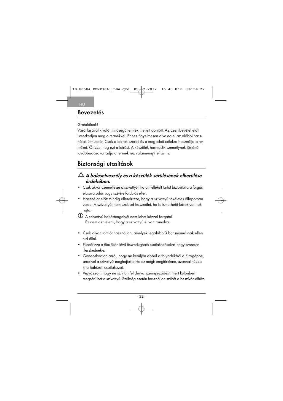 Bevezetés, Biztonsági utasítások | Powerfix PBMP 30 A1 User Manual | Page 25 / 74