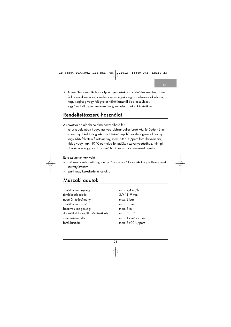 Rendeltetésszerű használat, Műszaki adatok | Powerfix PBMP 30 A1 User Manual | Page 26 / 74
