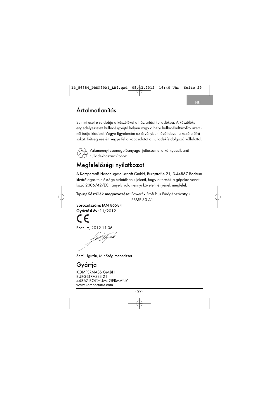 Ártalmatlanítás, Megfelelőségi nyilatkozat, Gyártja | Powerfix PBMP 30 A1 User Manual | Page 32 / 74