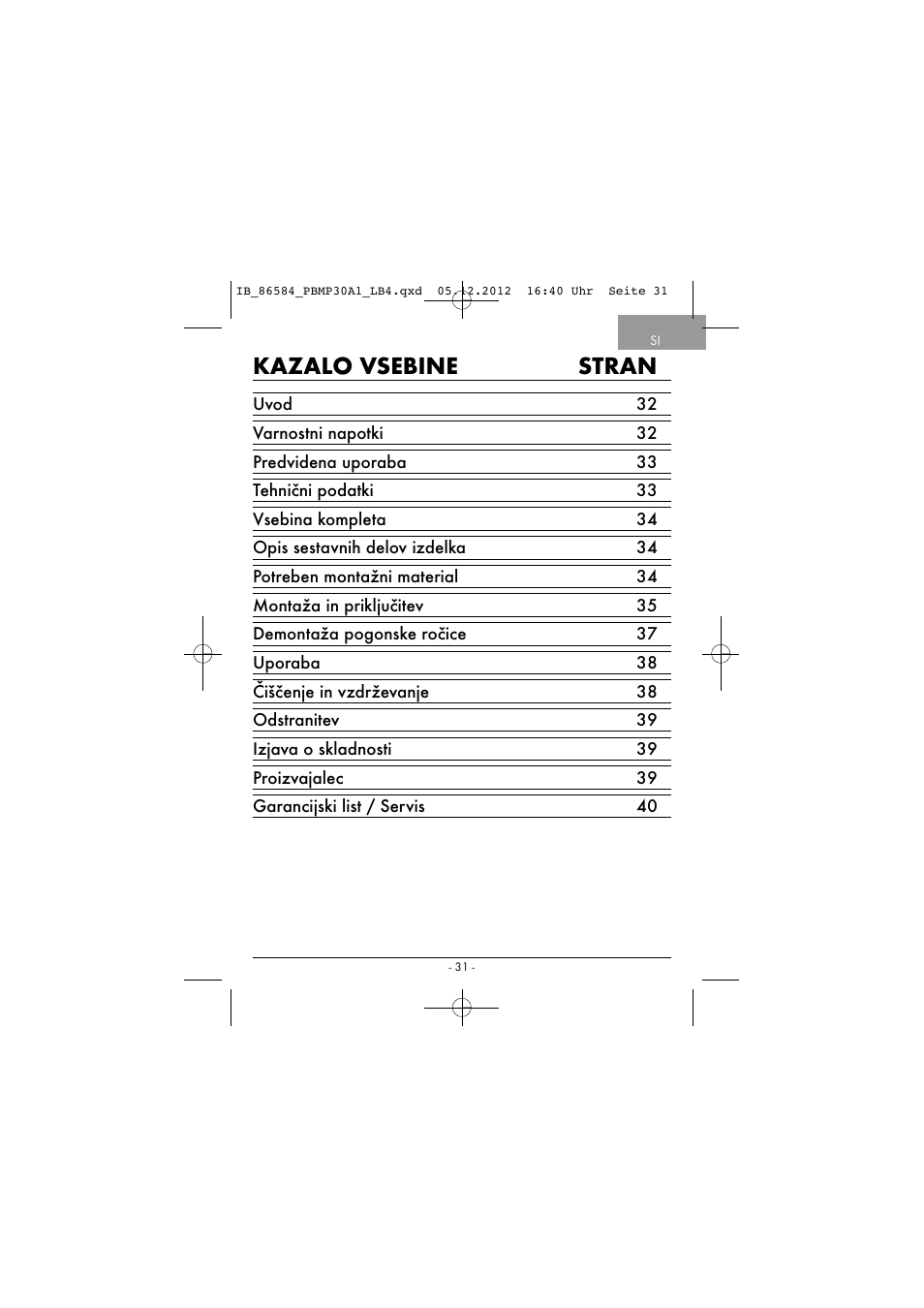 Kazalo vsebine stran | Powerfix PBMP 30 A1 User Manual | Page 34 / 74