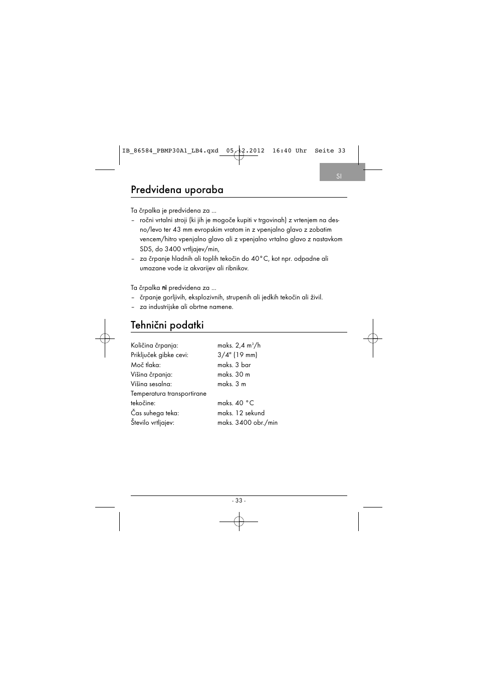 Predvidena uporaba, Tehnični podatki | Powerfix PBMP 30 A1 User Manual | Page 36 / 74