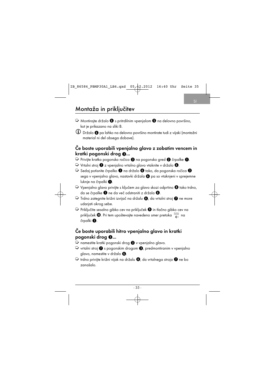 Montaža in priključitev | Powerfix PBMP 30 A1 User Manual | Page 38 / 74