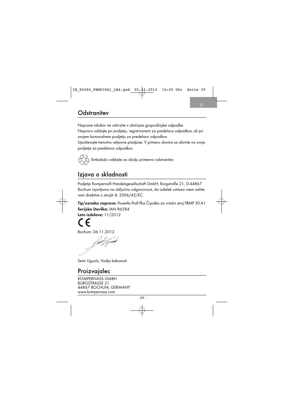 Odstranitev, Izjava o skladnosti, Proizvajalec | Powerfix PBMP 30 A1 User Manual | Page 42 / 74