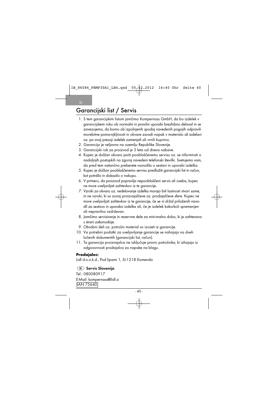 Garancijski list / servis | Powerfix PBMP 30 A1 User Manual | Page 43 / 74
