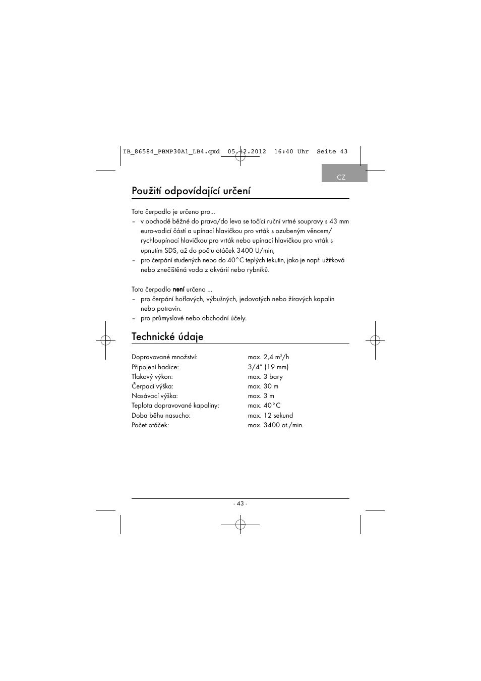 Použití odpovídající určení, Technické údaje | Powerfix PBMP 30 A1 User Manual | Page 46 / 74