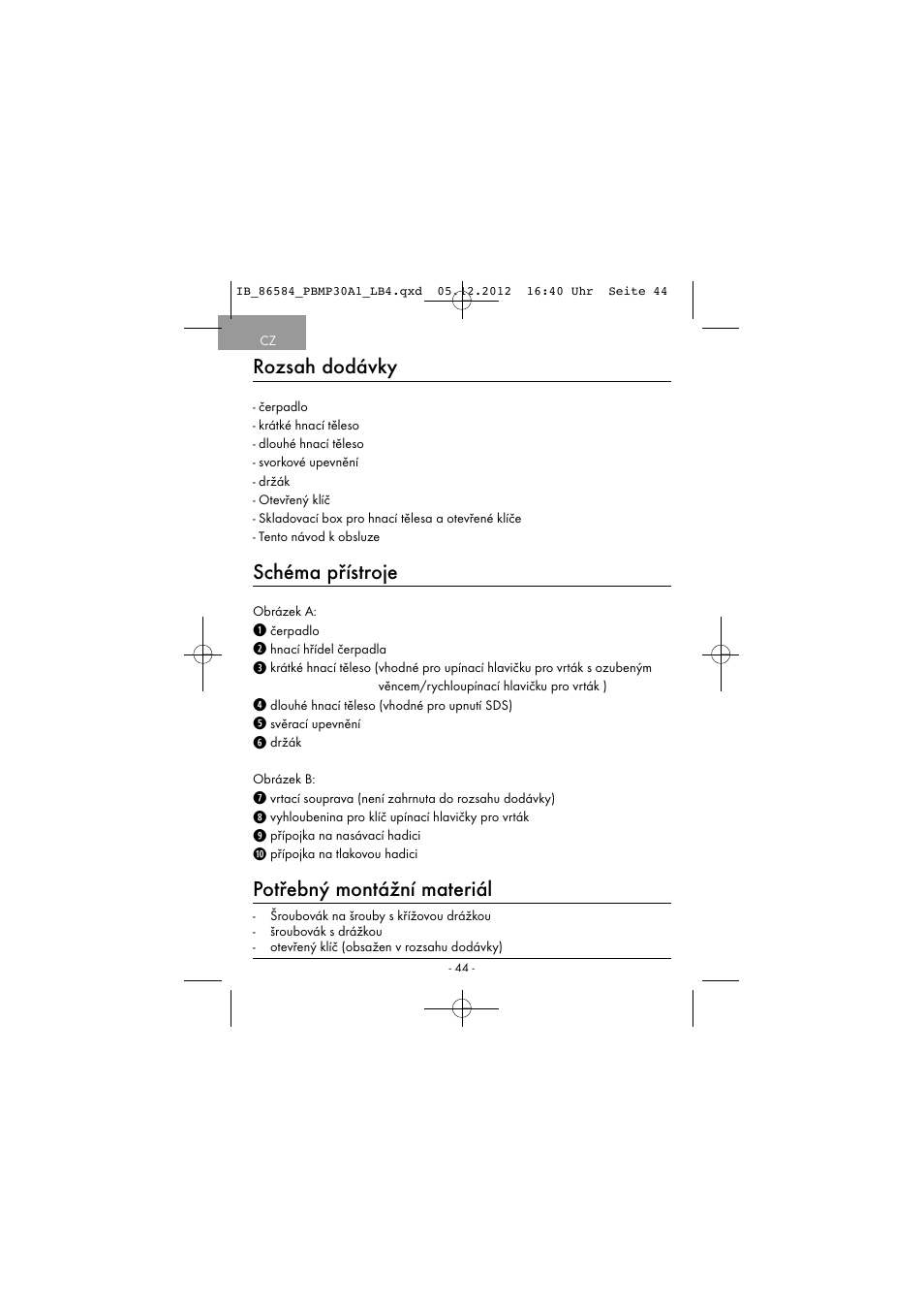 Rozsah dodávky, Schéma přístroje, Potřebný montážní materiál | Powerfix PBMP 30 A1 User Manual | Page 47 / 74