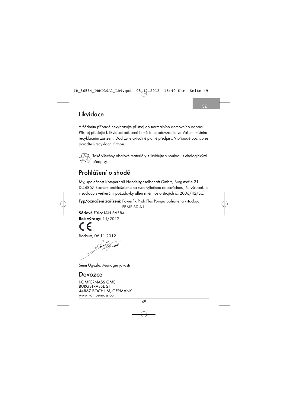 Likvidace, Prohlášení o shodě, Dovozce | Powerfix PBMP 30 A1 User Manual | Page 52 / 74