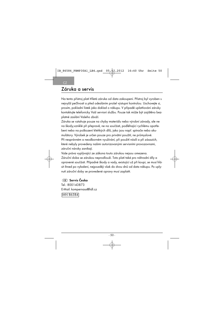 Záruka a servis | Powerfix PBMP 30 A1 User Manual | Page 53 / 74