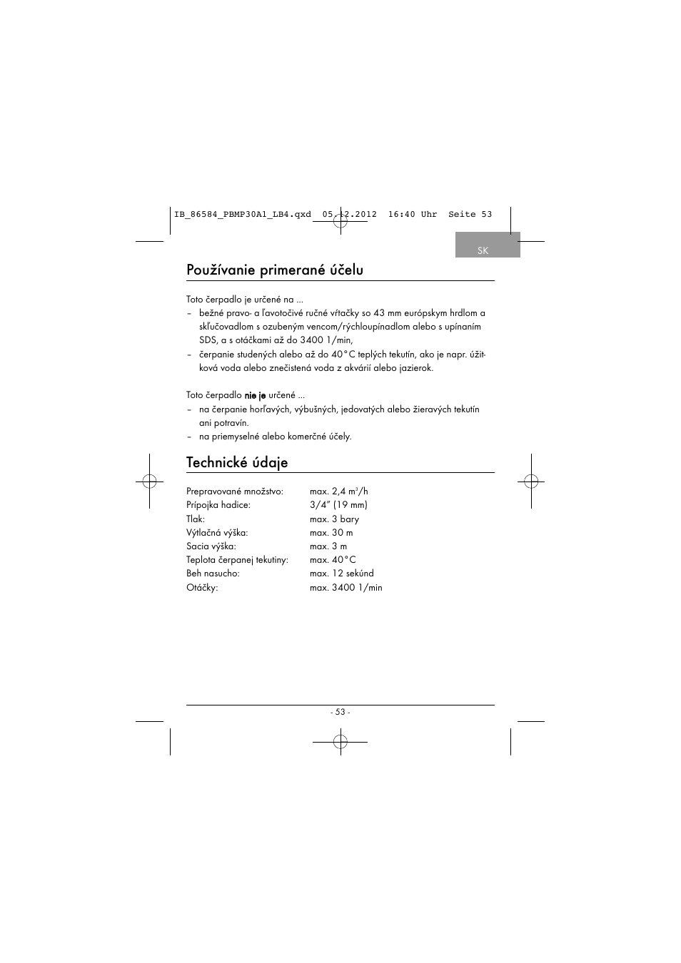 Používanie primerané účelu, Technické údaje | Powerfix PBMP 30 A1 User Manual | Page 56 / 74