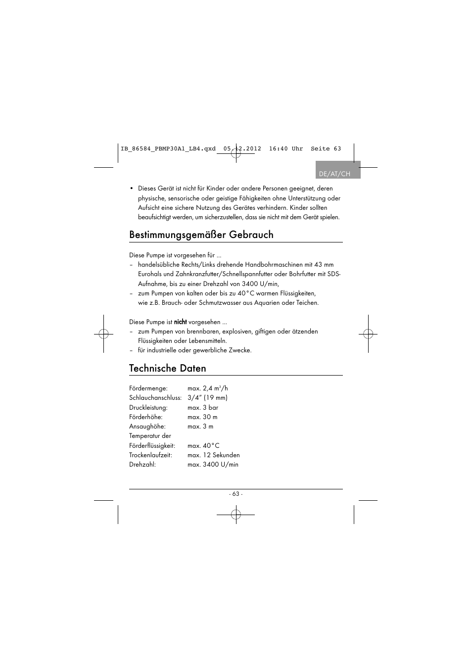 Bestimmungsgemäßer gebrauch, Technische daten | Powerfix PBMP 30 A1 User Manual | Page 66 / 74