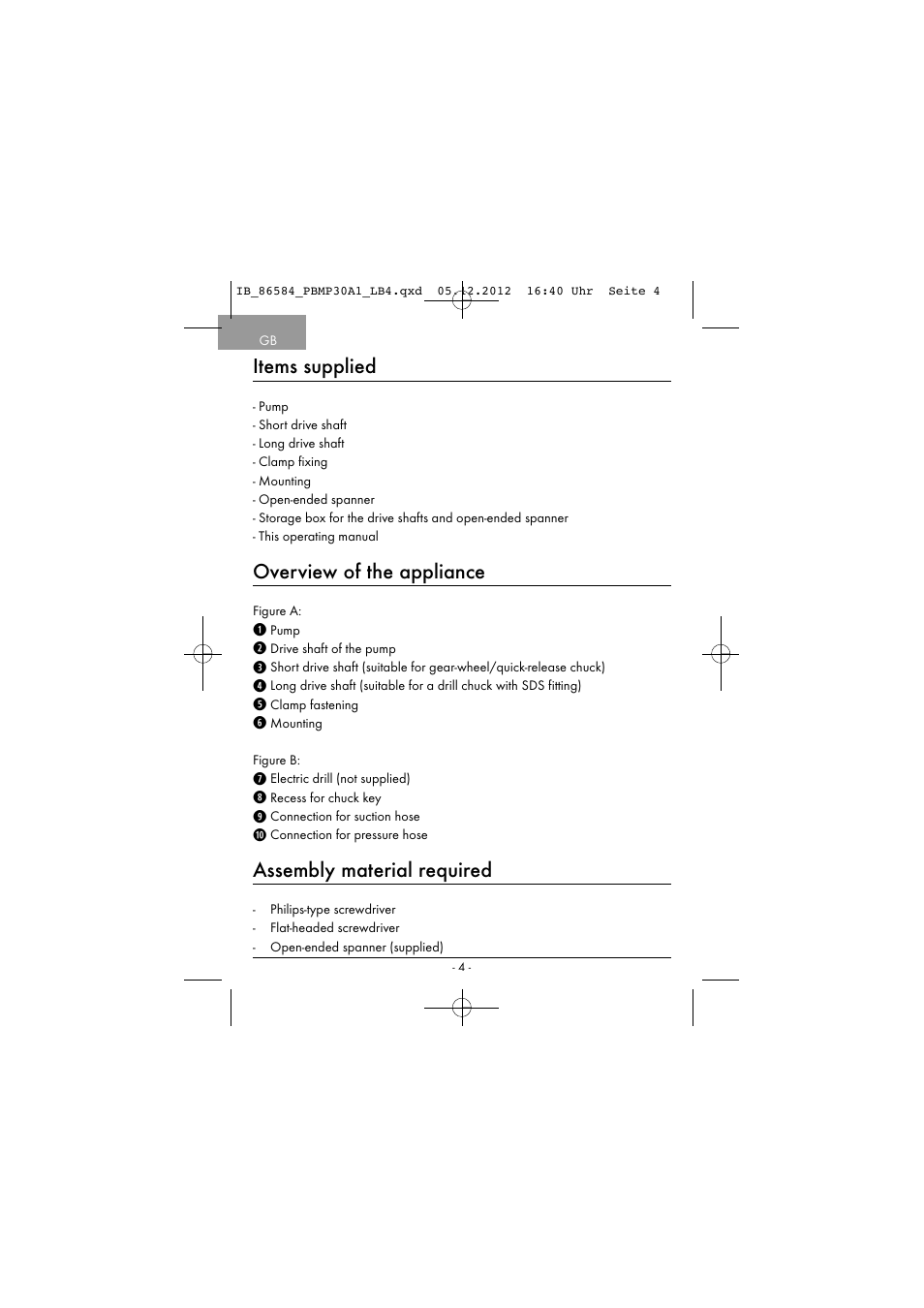 Items supplied, Overview of the appliance, Assembly material required | Powerfix PBMP 30 A1 User Manual | Page 7 / 74