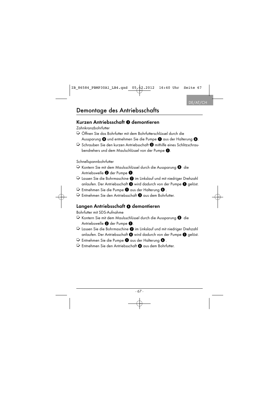 Demontage des antriebsschafts | Powerfix PBMP 30 A1 User Manual | Page 70 / 74