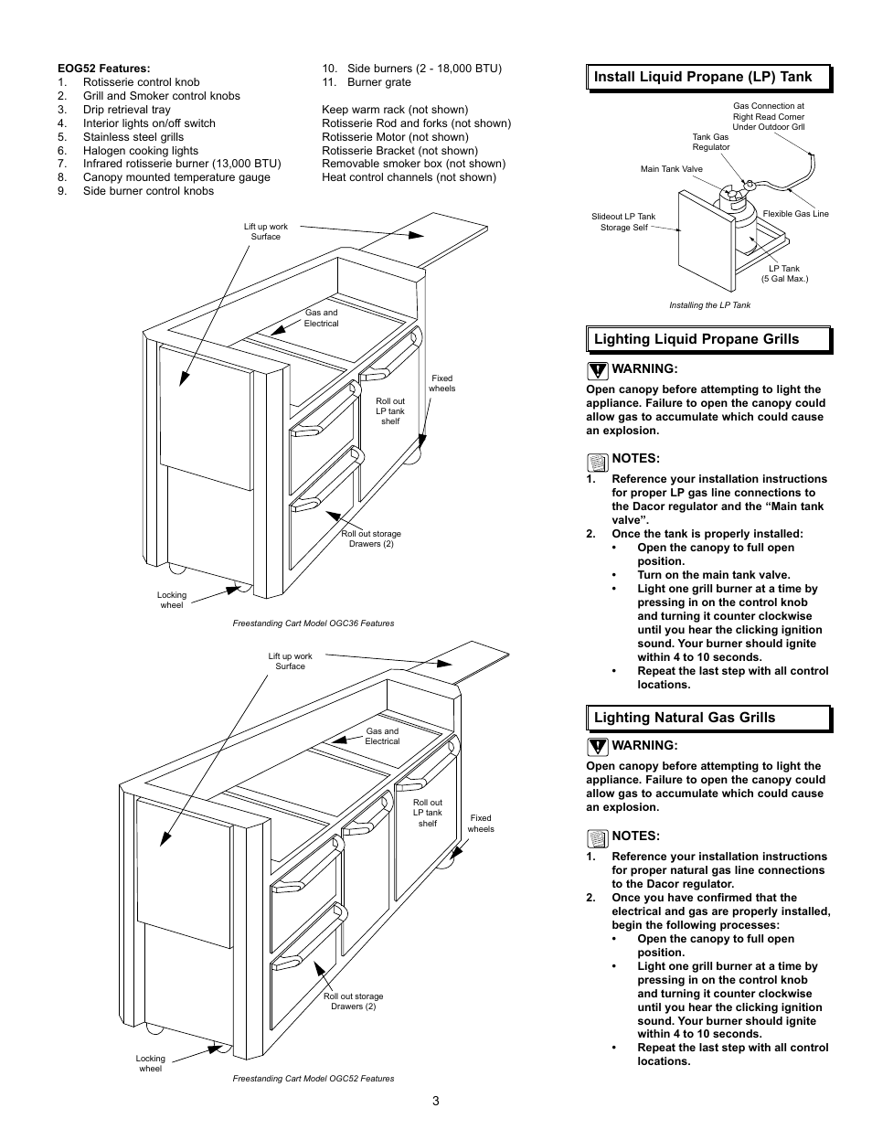 Install liquid propane (lp) tank, Lighting liquid propane grills, Lighting natural gas grills | Dacor OGC52 User Manual | Page 5 / 12