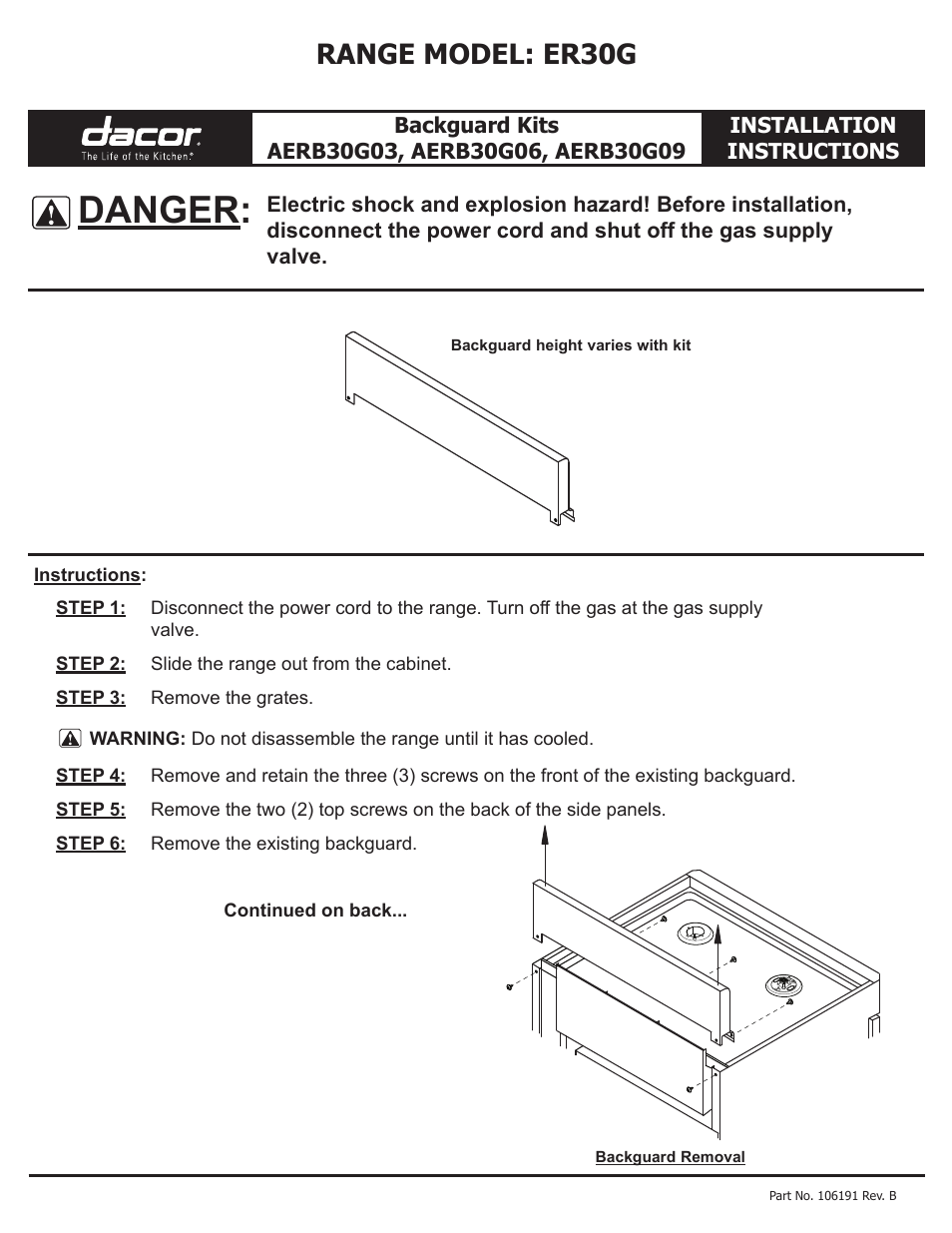 Dacor AERB30G06 User Manual | 2 pages