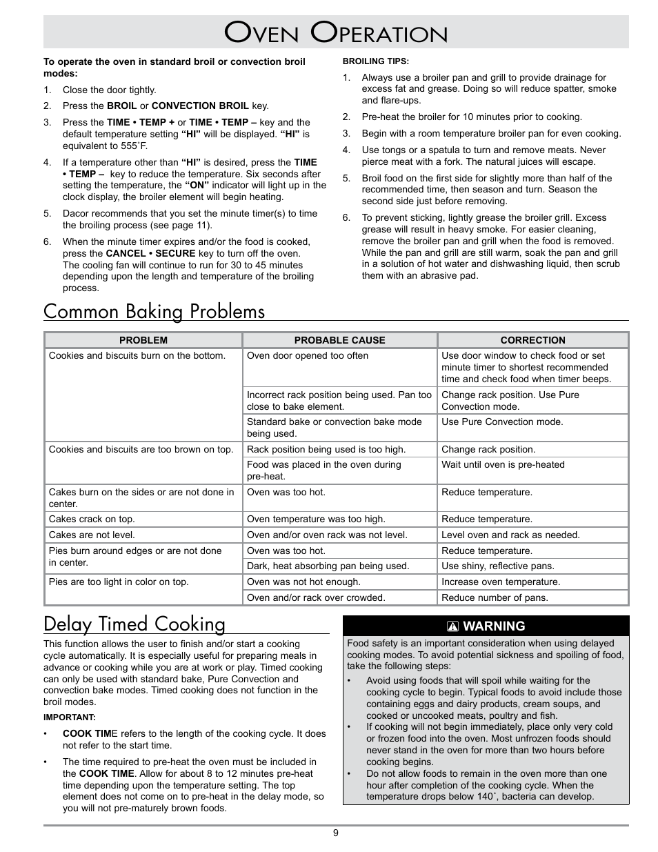 Peration delay timed cooking, Common baking problems | Dacor MCD User Manual | Page 11 / 24